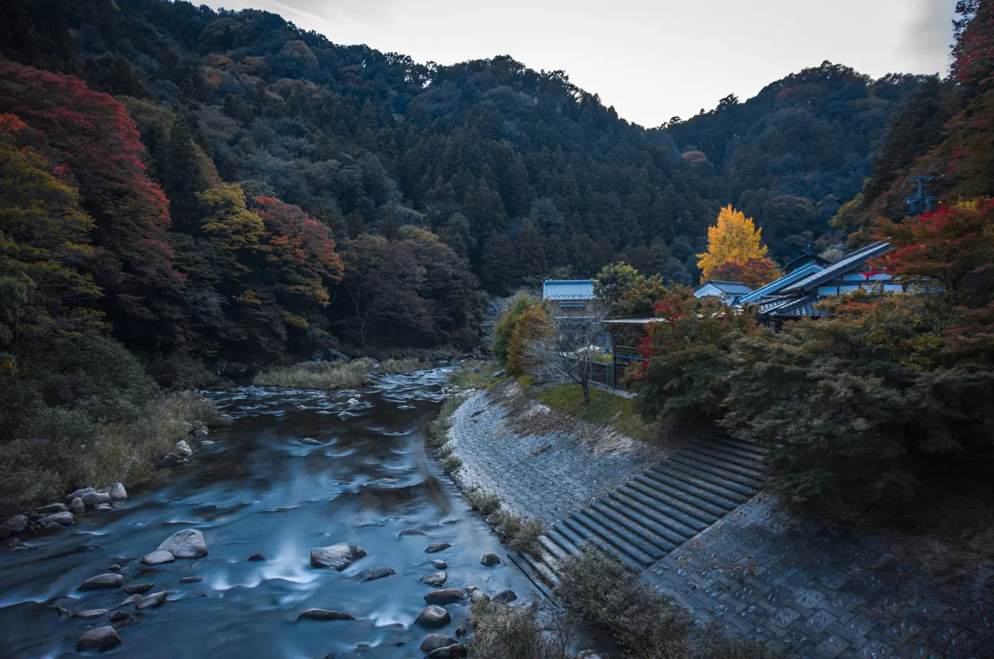 The river and village in the early evening, with color on the hills