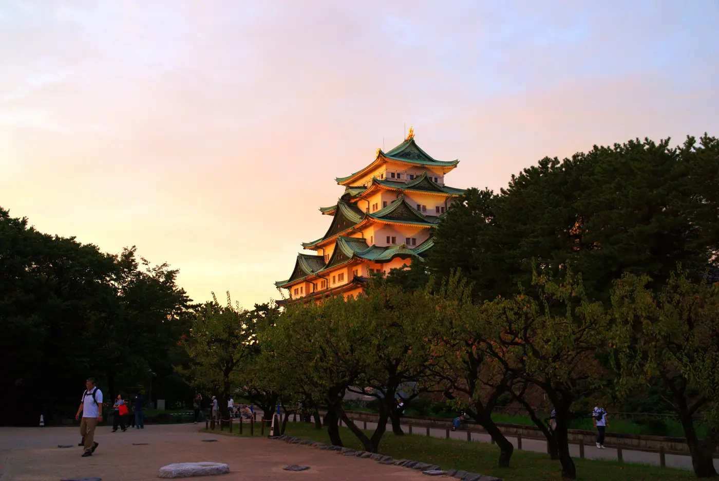 Nagoya Castle glowing at sunset above a grove of trees