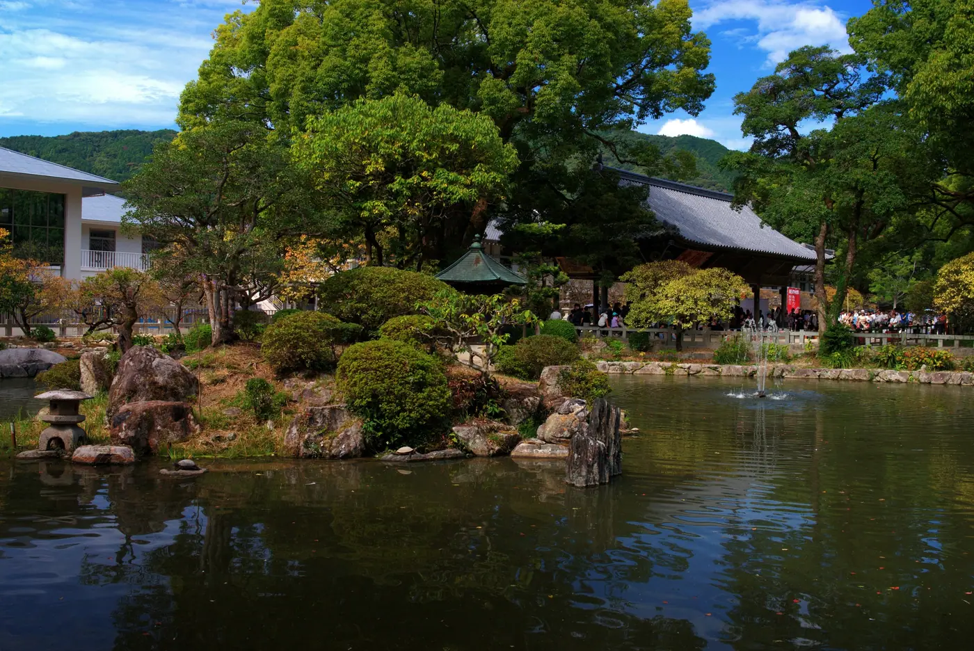 Shinji Pond and its garden island, seen from the arched bridge at Dazaifu Tenmangu