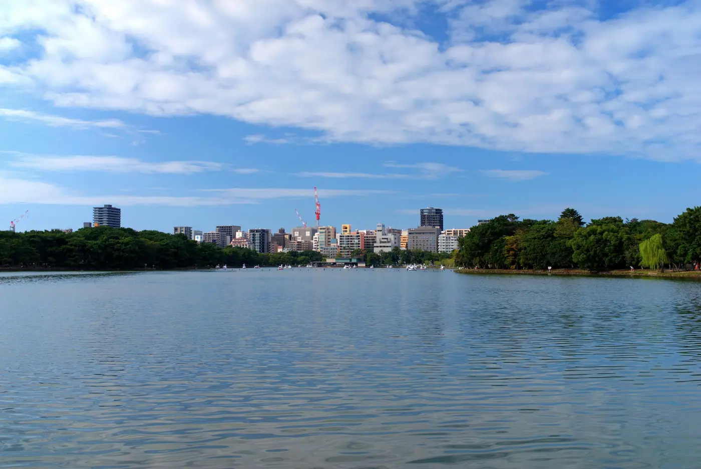 The wide lake at Ohori Park under a sky of scattered clouds