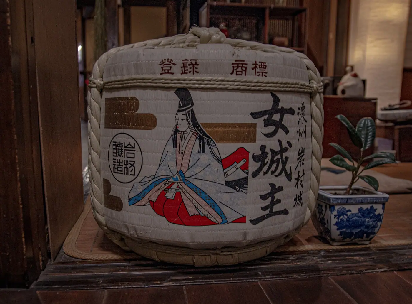 A sake barrel decorated with the Onna Jōshu female castle lord at the Iwamura brewery