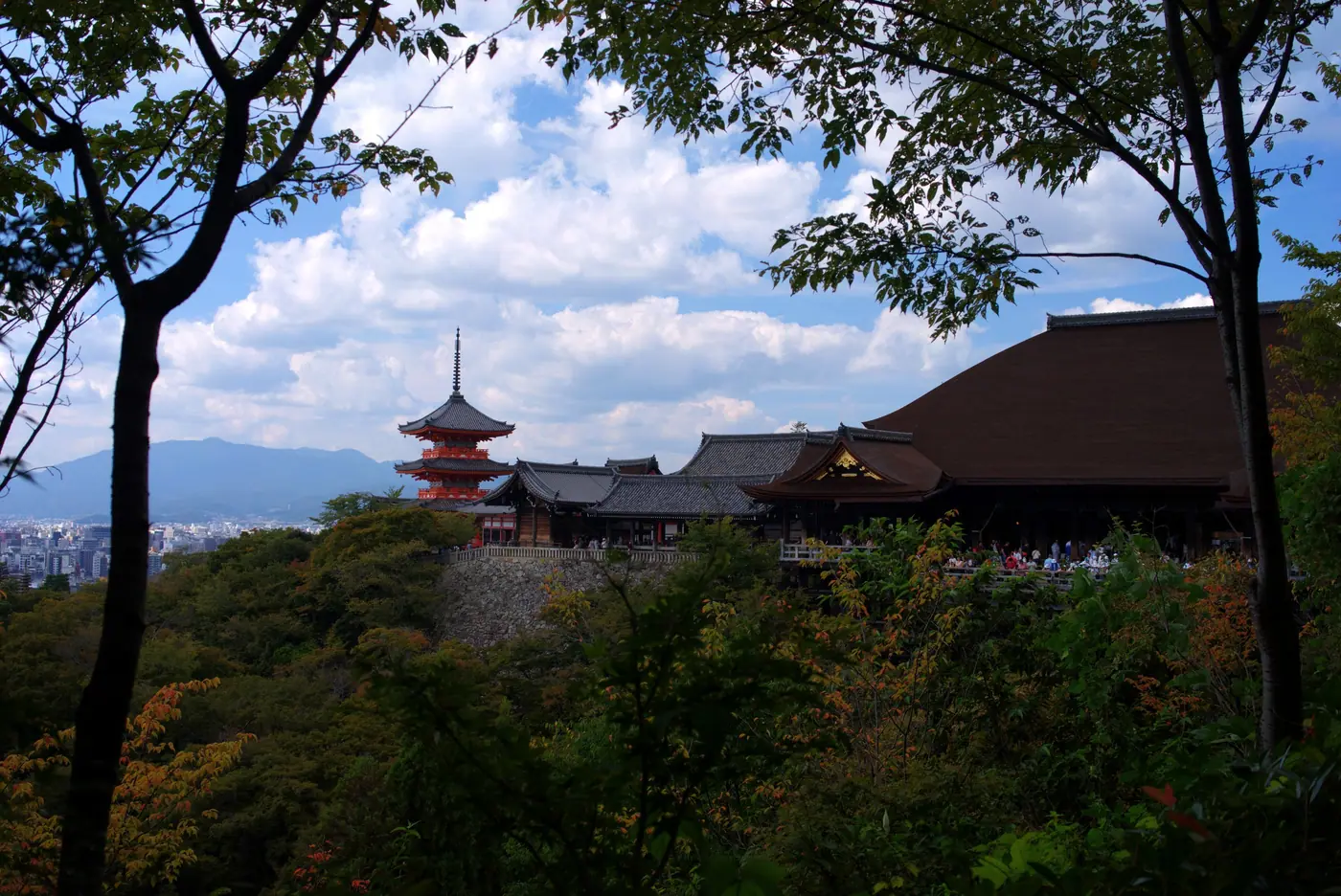 Kiyomizu-dera's pagoda and main hall seen across the valley from the path to the Koyasu Pagoda