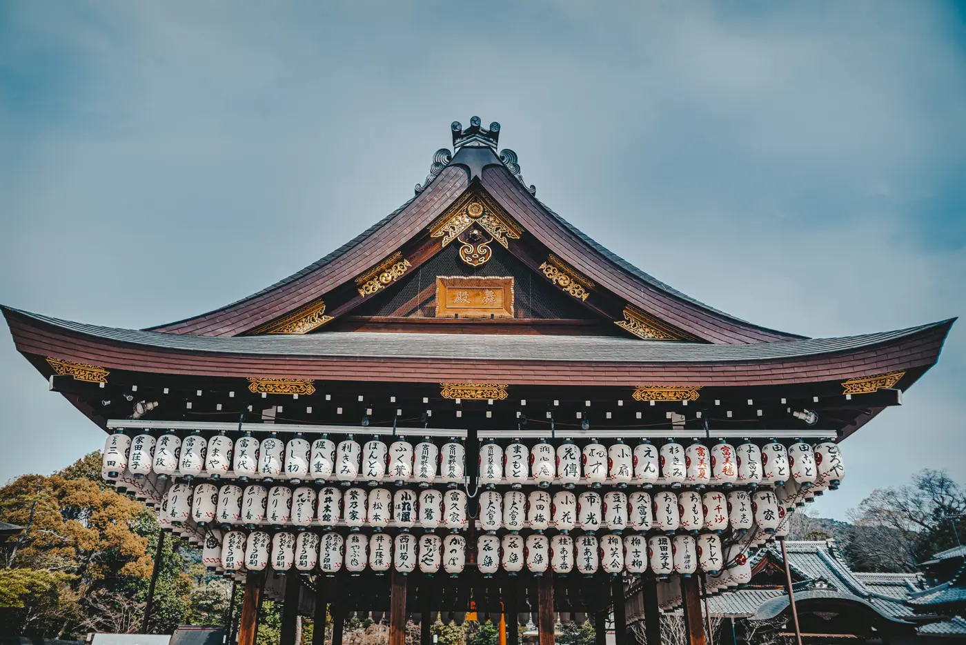 The lantern-hung stage hall at Yasaka Shrine
