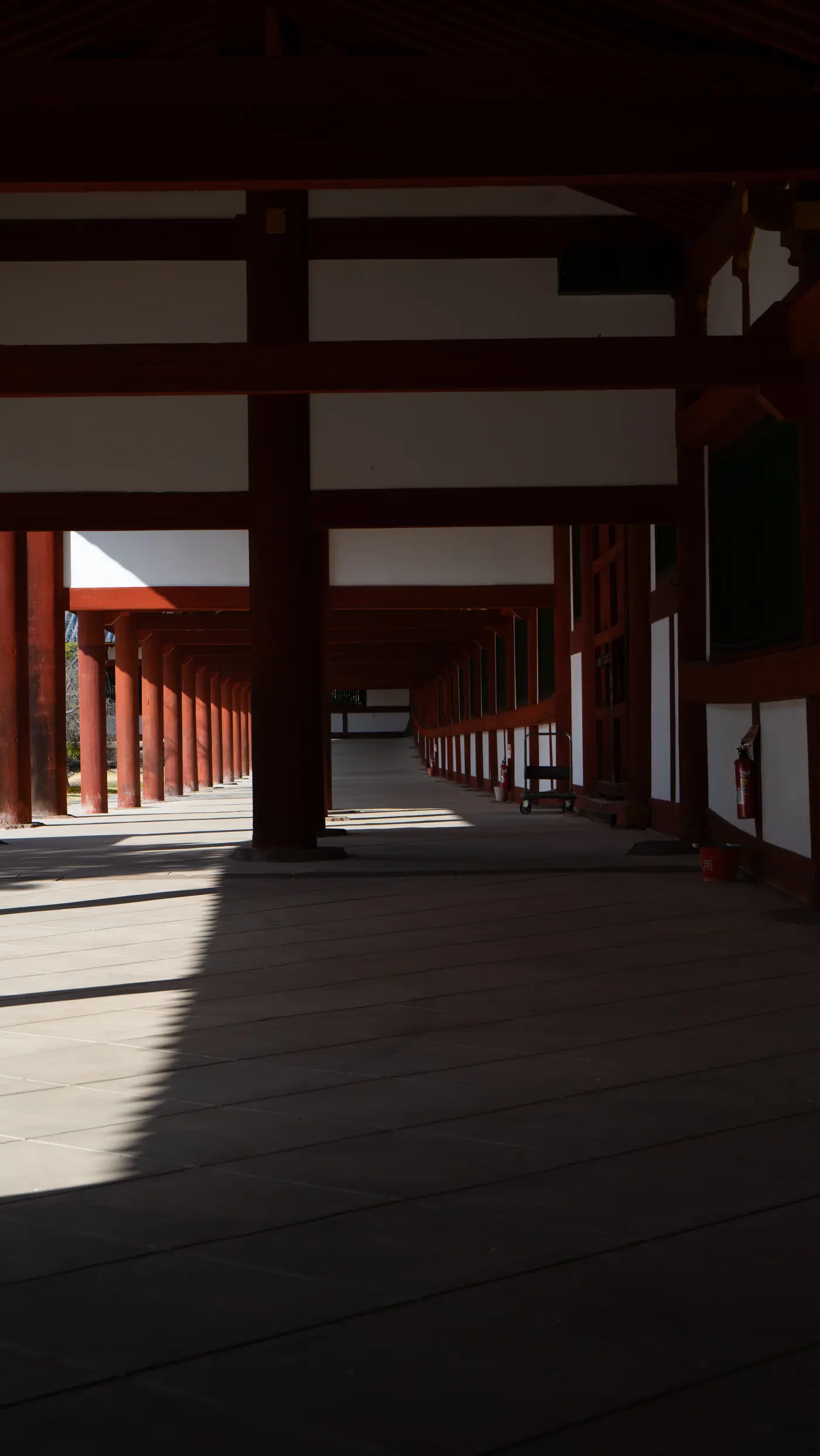 東大寺の境内を囲む回廊。深い陰の中に続く柱